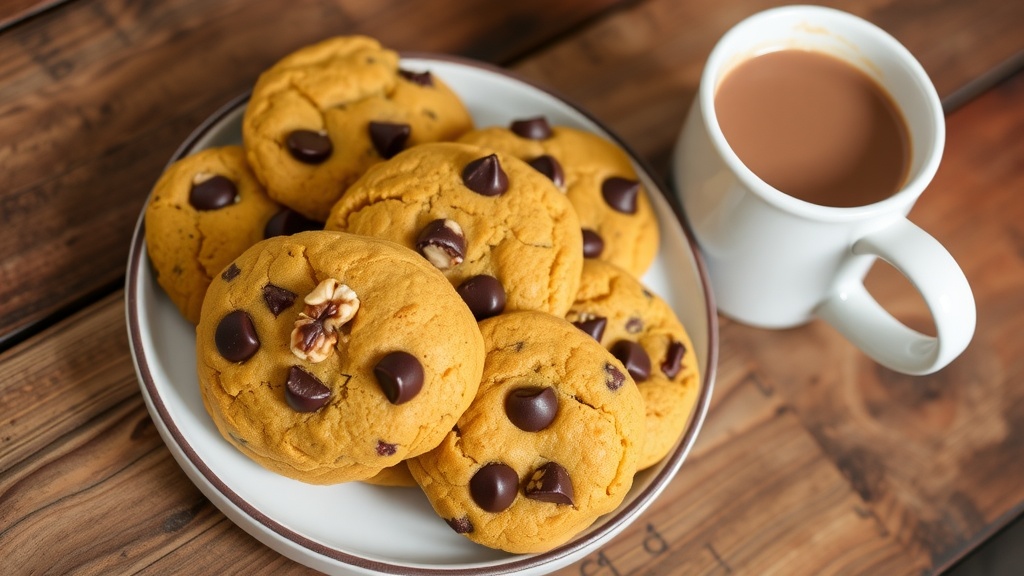 A plate of pumpkin cookies with chocolate chips and walnuts on a wooden table, accompanied by a mug of hot cocoa.